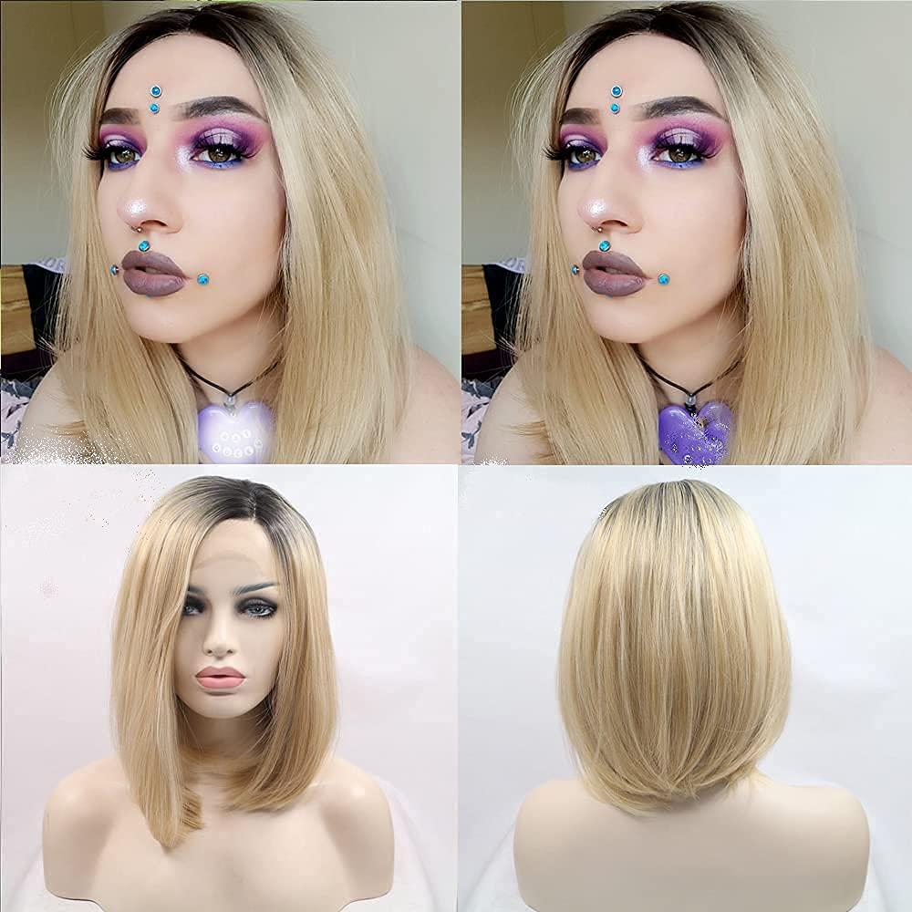 Xiweiya Matte Blonde Wig With Black Roots Short Bob Hair Side Wear Synthetic Lace Front Wig Heat Resistant Gold Hair Hand Tied Replacement Full Wig For Women Cosplay Daily Wear 14 Inched โ image 1