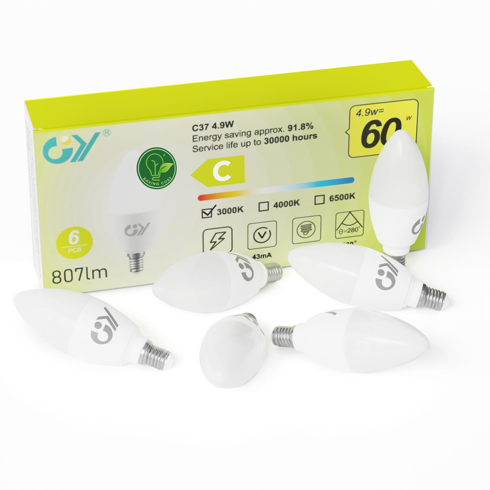 GY E14 LED Bulb Small Edison Screw SES Candle Energy Efficiency Bulb, 3000K Warm White 4.9W 807 Lumens, Equivalent to 60W, 280° Beam Angle Non-Dimmable, Pack of 6 — image 1