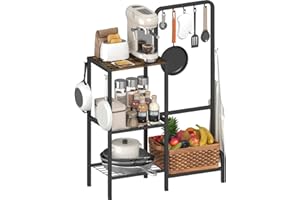 mocomax Kitchen Stand Shelf with Storage, 3-Tier Utility Baker's Rack for Spices, Adjustable Coffee Bar Station with 8 Hooks, Space-Saving Microwave Oven Stand for Pots, Pans & Utensils, Black