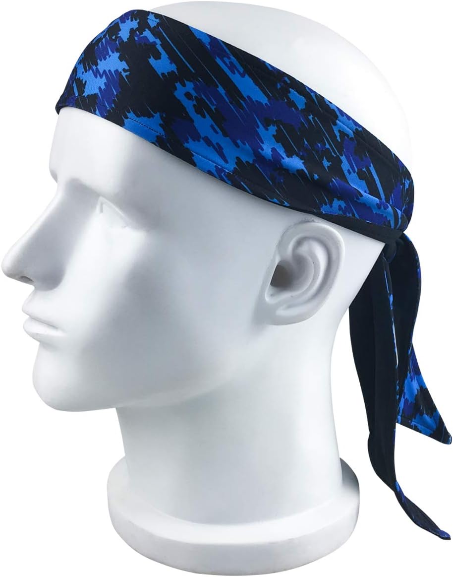 NINGDER Long Tail Printed Head Tie,Custom Fit Sports Headband,Moisture Wicking Head Wrap Sweatband for Running,Crossfit,Basketball,Workout,Bike Helmet Friendly (Blue)