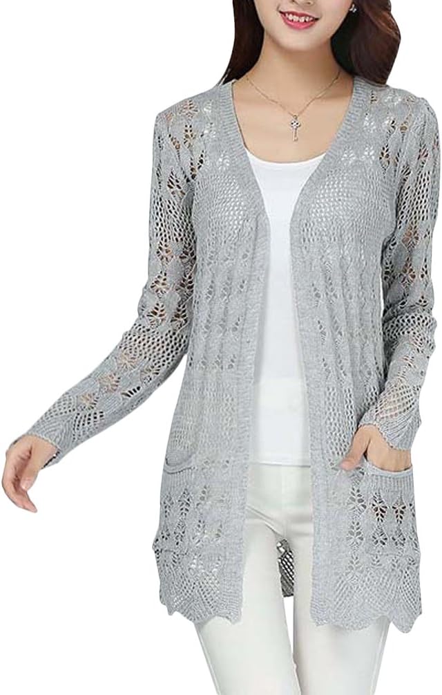 UwantC Womens Crochet Knitted Open Front Cardigan Long Sleeve Pocket Sweater Top Gray