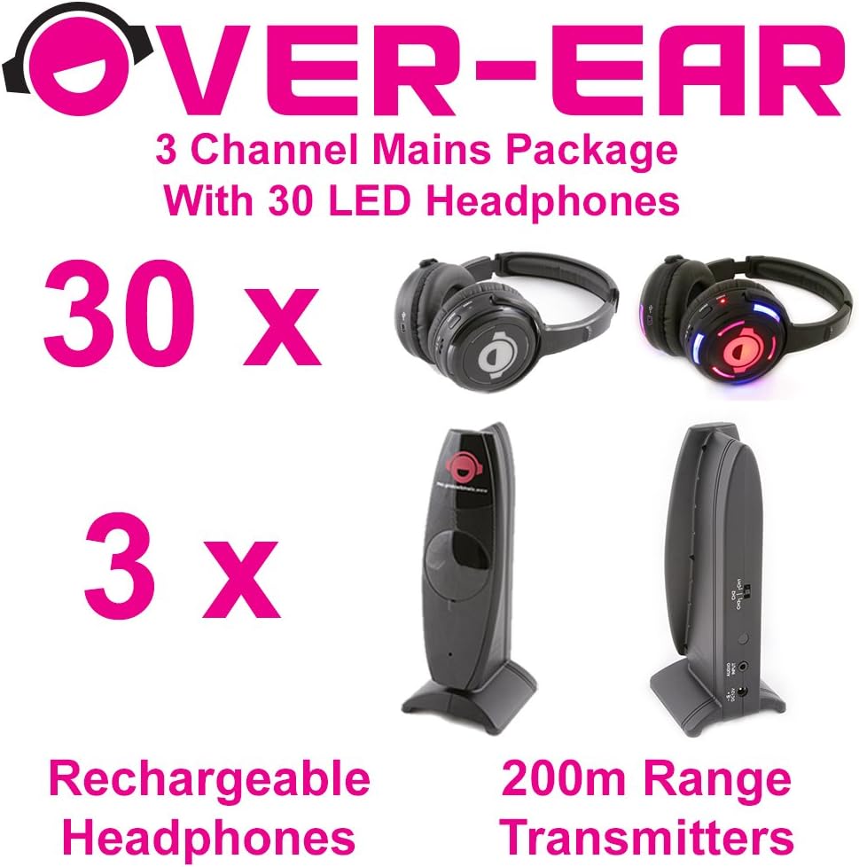 Silent Disco Package - 3 Channels and 30 LED Headphones
