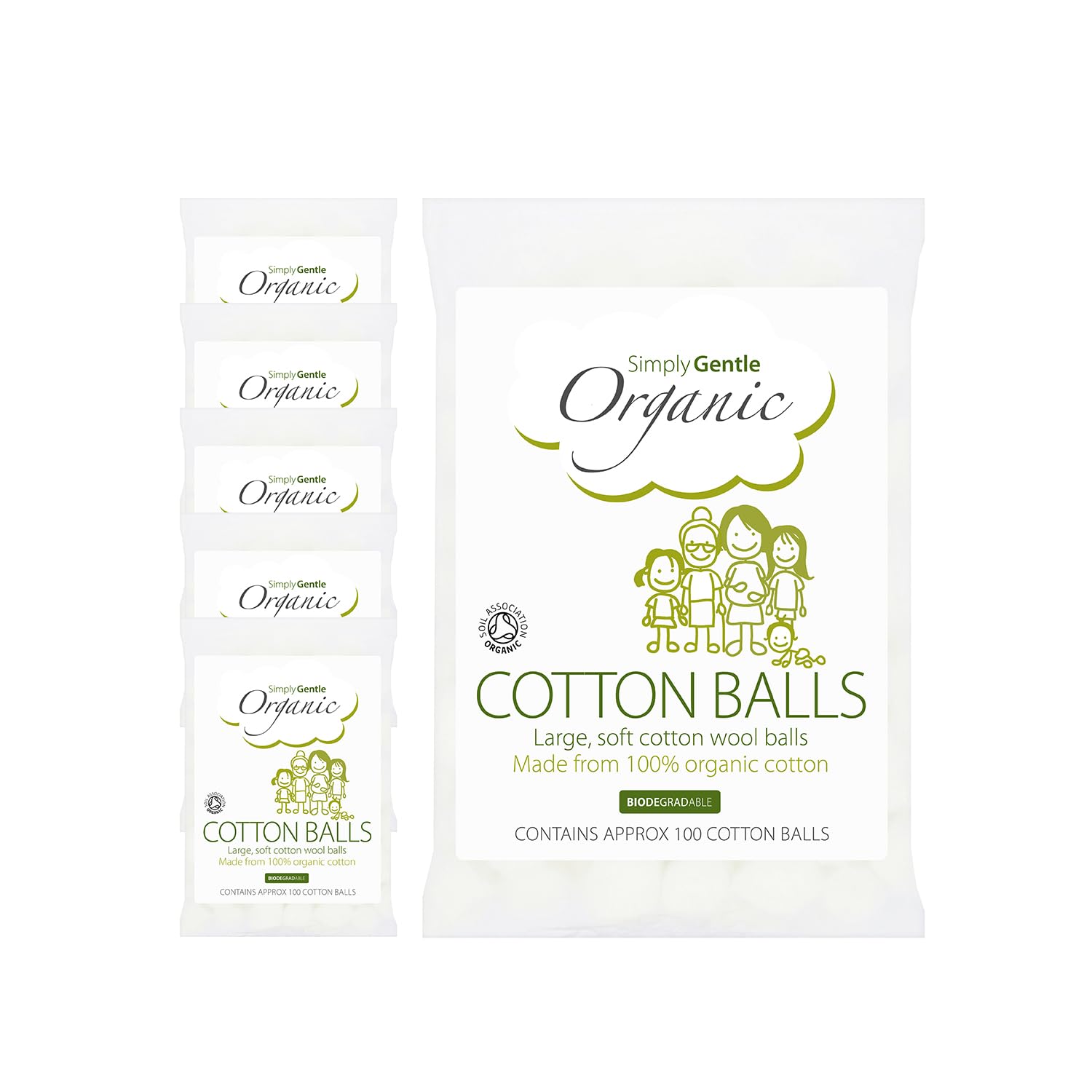 Simply Gentle Organic Cotton Balls – Large 100% Organic Cotton Wool – Soft & Gentle for Delicate Skin – Highly Absorbent – 100 Balls Per Pack (Pack of 6)