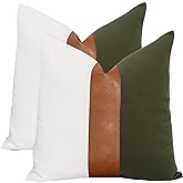 Vfuty Set of 2 Farmhouse Cotton Throw Pillow Covers 18x18 Decorative Rustic Pillow Case Olive Green and White Square Cushion Case for Sofa Couch Bed Modern Faux Leather Pillowcase
