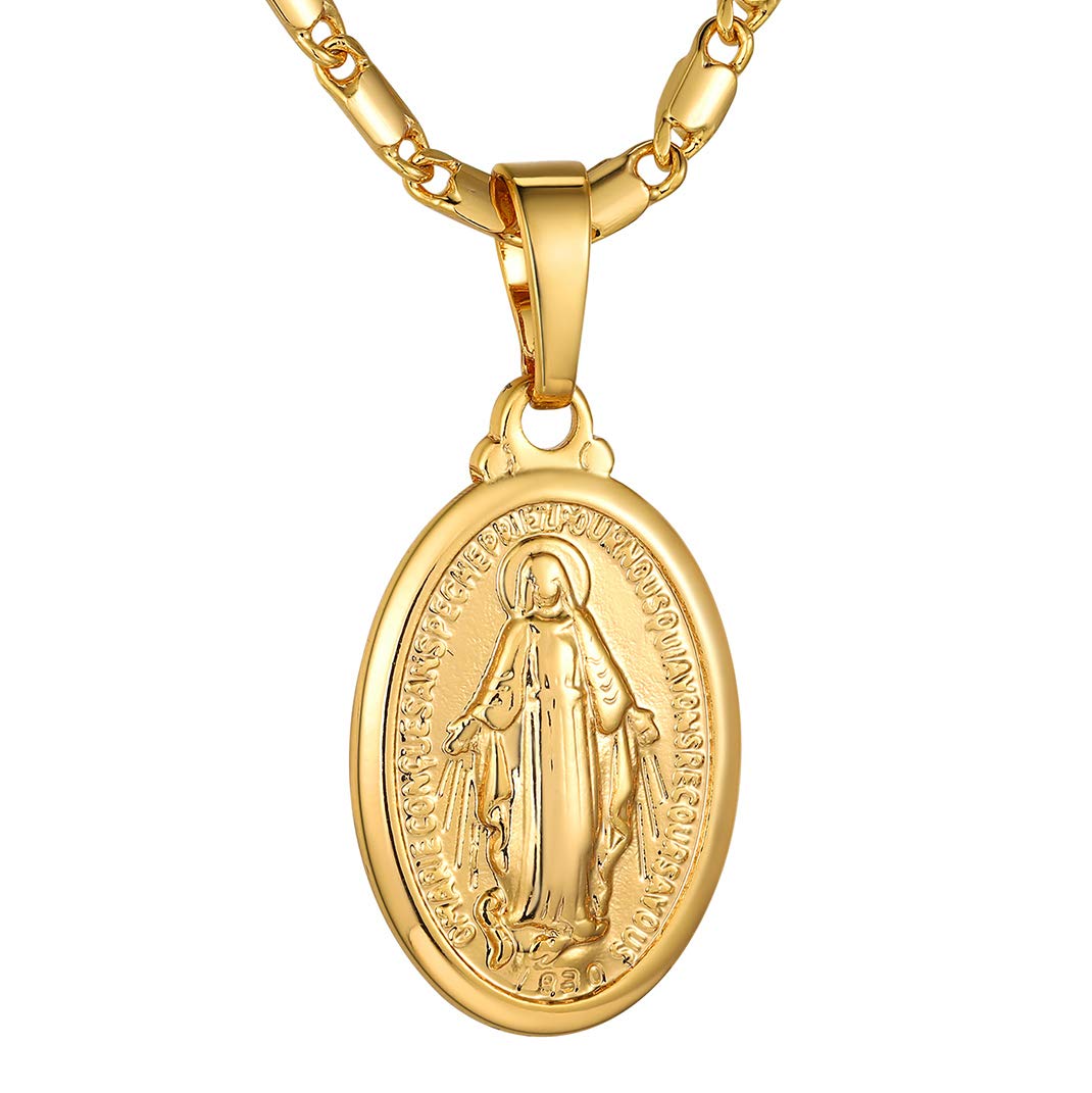 GoldChic Jewelry Tiny Virgin Mary Pendant Necklace, Oval Cross Regilious Jewellery