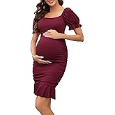 BeautyNee Women's Short Puff Sleeve Maternity Dress Summer Square Neck Ruffle Hem Smocked Bodycon Dress for Baby Shower