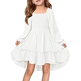 Haloumoning Girls Lantern Long Sleeve Dresses Kids Square Neck High Low Hem Smocked Fall Dress 5-14 Years