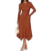 ZESICA Long Sleeve Sweater Dresses for Women 2026 Fall Winter Crewneck Ribbed Knit High Waist Midi Dress with Belt