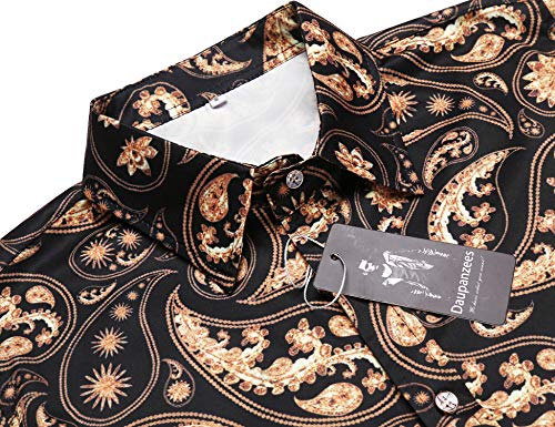 Daupanzees Mens 70s 80s 90s Vintage Disco Stylish Classic Modern Fashion Short Sleeve Luxury Print Party Celebration Shirts (Black XL)