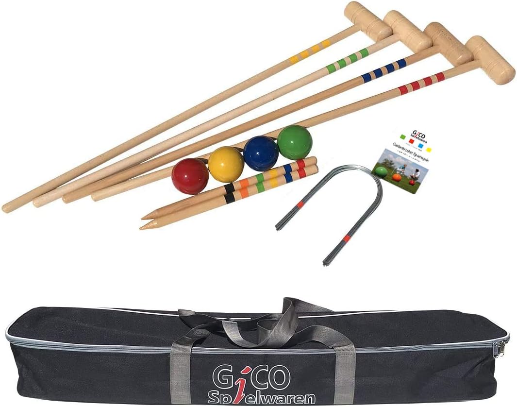 GICO Qualitäts Krocketspiel / Krocket / Crocket für 4 Spieler (100 cm Erwachsenengröße) mit Transporttasche - Der Garten Spielspaß mit Qualitätsware aus Massivholz für die ganze Familie -Made in EU-3244