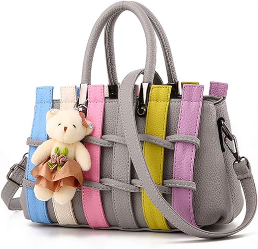 Amazon Kakap ハンドバッグ レディース 2way 小熊チャーム 可愛い 人気 小さめ 斜めがけ 手提げ ショルダーバッグ フォーマル バッグ ビジネスバッグ オフィスバッグ 就活 デート カバン バッグ 鞄 通勤 プレゼント ギフト グレー ハンドバッグ