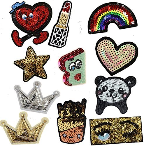 10PCS Mixed Sequins Patches For Clothing Motif Applique Embroidered Sticker Iron On DIY Panda Crown Heart Rainbow Heart Garment Sewing Accessories