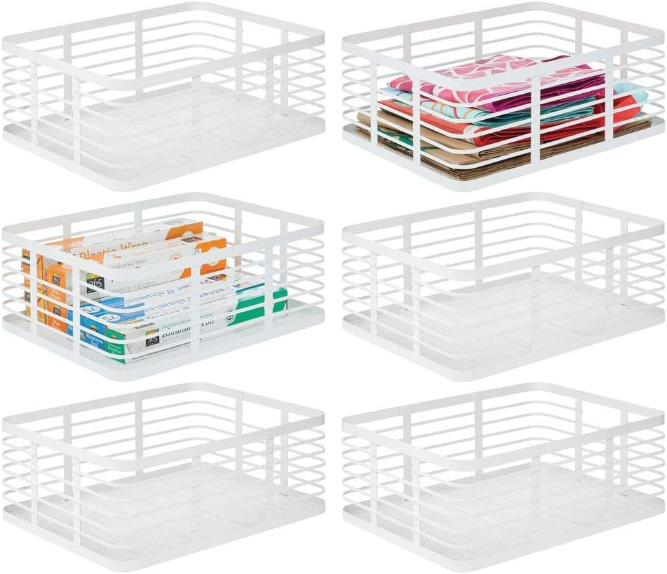 mDesign Modern Decor Metal Wire Food Organizer Storage Bin Baskets for Kitchen Cabinets, Pantry, Bathroom, Laundry Room, Closets, Garage - 6 Pack - White
