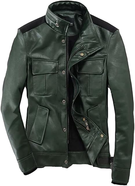 Amazon クイーニー Queenie メンズ カーキフェイクレザージャケット ブルゾン 緑 アウター 長袖 3サイズ M L Xl さわやか ちょっとしたお出かけにぴったり セレブ風 シンプル お出かけ カジュアル モード ゆったり 限定 Mystyleエコバック付 M コート