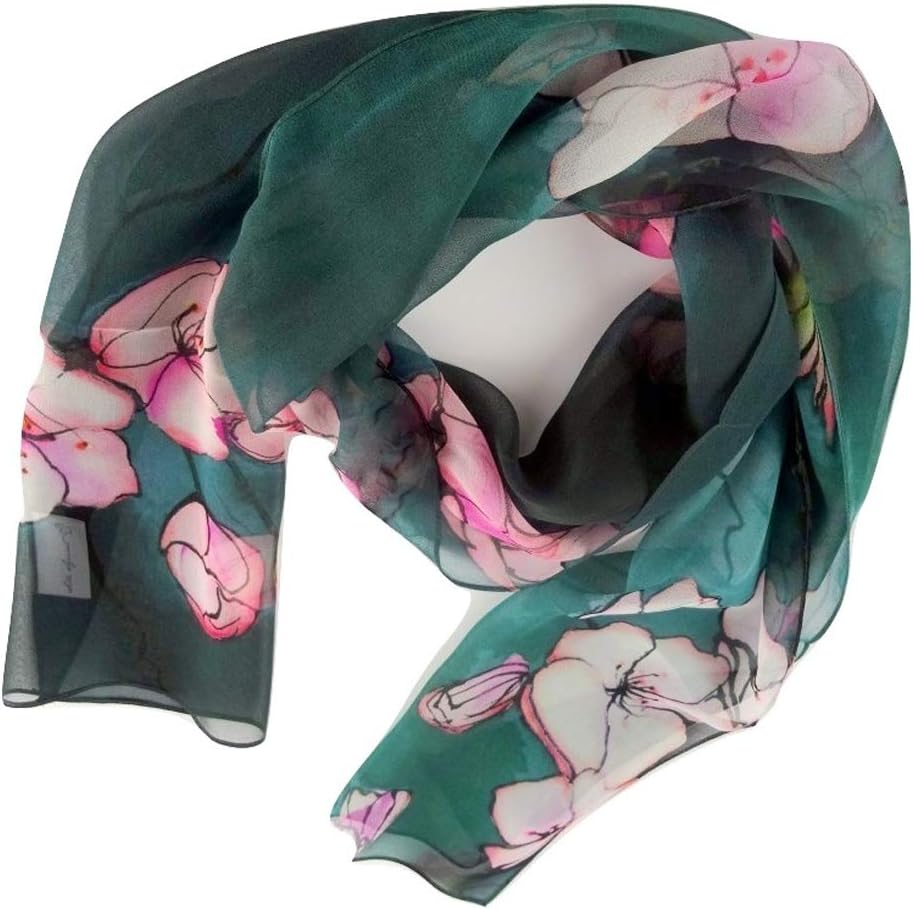 Cherry Blossoms Scarf - Japan Art - Teal Blue Green - Sheer Silk Scarf- For Her - Gift - 11"x60"