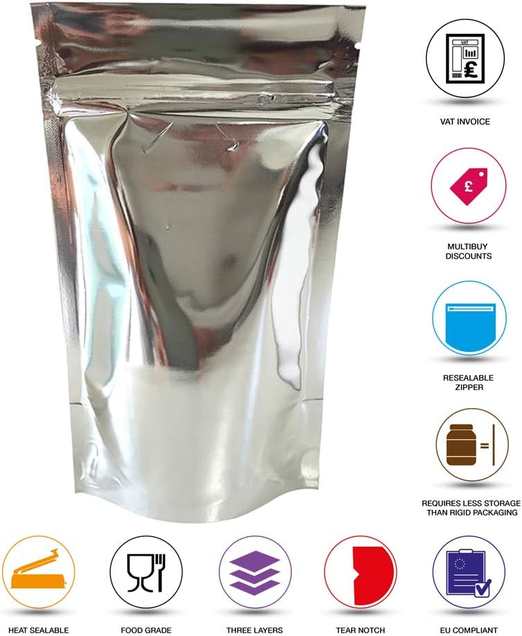 Rightpak Silver Shiny Aluminium Foil Stand Up Pouches with Resealable Zipper and Tear Notch for Food Packaging (50, 13cm x 21cm)