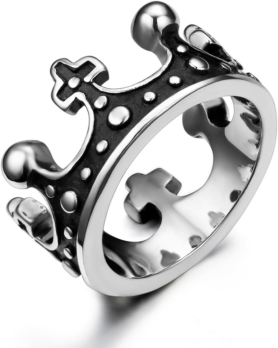 JewelryWeVintage Stainless Steel Mens Womens Handmade Crown Band Ring, Silver Black Colour (with Gift Bag)