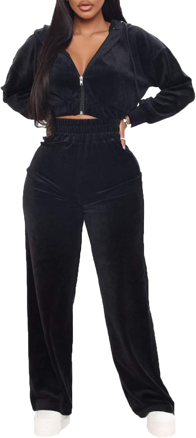 Women's Velour Sweatsuits 2 Piece Zip Up Crop Hoodie Jackets Coat Long