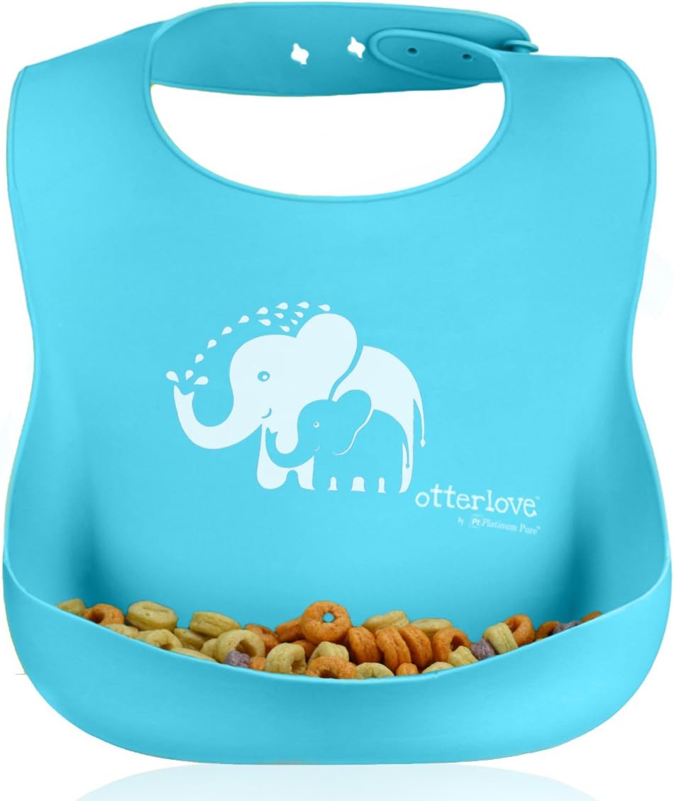 Otterlove Waterproof Silicone Bib - 100% Pure Platinum LFGB Silicone. NO fillers. No BPAs, BPS, Phthalates, VOCs, or Nasty Toxins.  (Blue Elephant)
