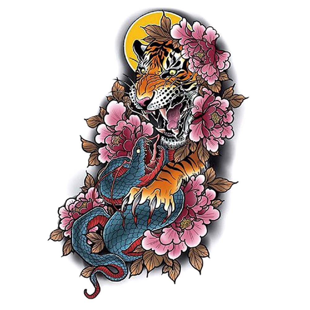 Oottati 2 Sheets Tiger vs Snake Flower Temporary Tattoos for Leg