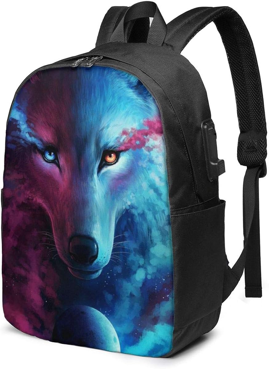 Where Light And Dark Meet Galaxy Wolf Laptop Backpack with USB Charging