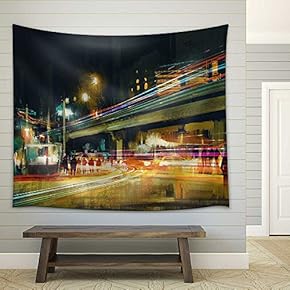 Digital Painting of City Street at Night with Colorful Light Trails - Fabric Wall Tapestry Home Decor - 51x60 inches