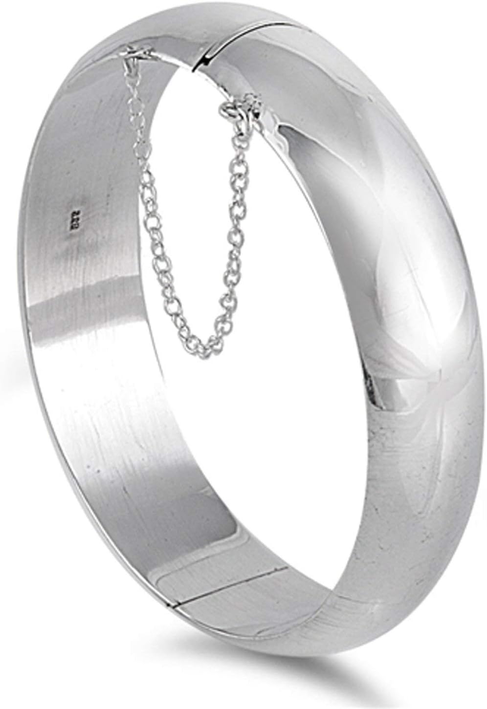 Round Polished Half Dome Hinged Bangle Bracelet With Safety Chain - 925 Sterling Silver