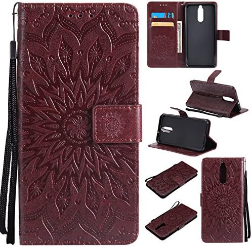 Huawei Mate 10 Lite Case Cover,SMYTU Premium Emboss Sunflower Flip Wallet Shell PU Leather Magnetic Cover Skin with Wrist Strap Case For Huawei Mate 10 Lite(Brown)