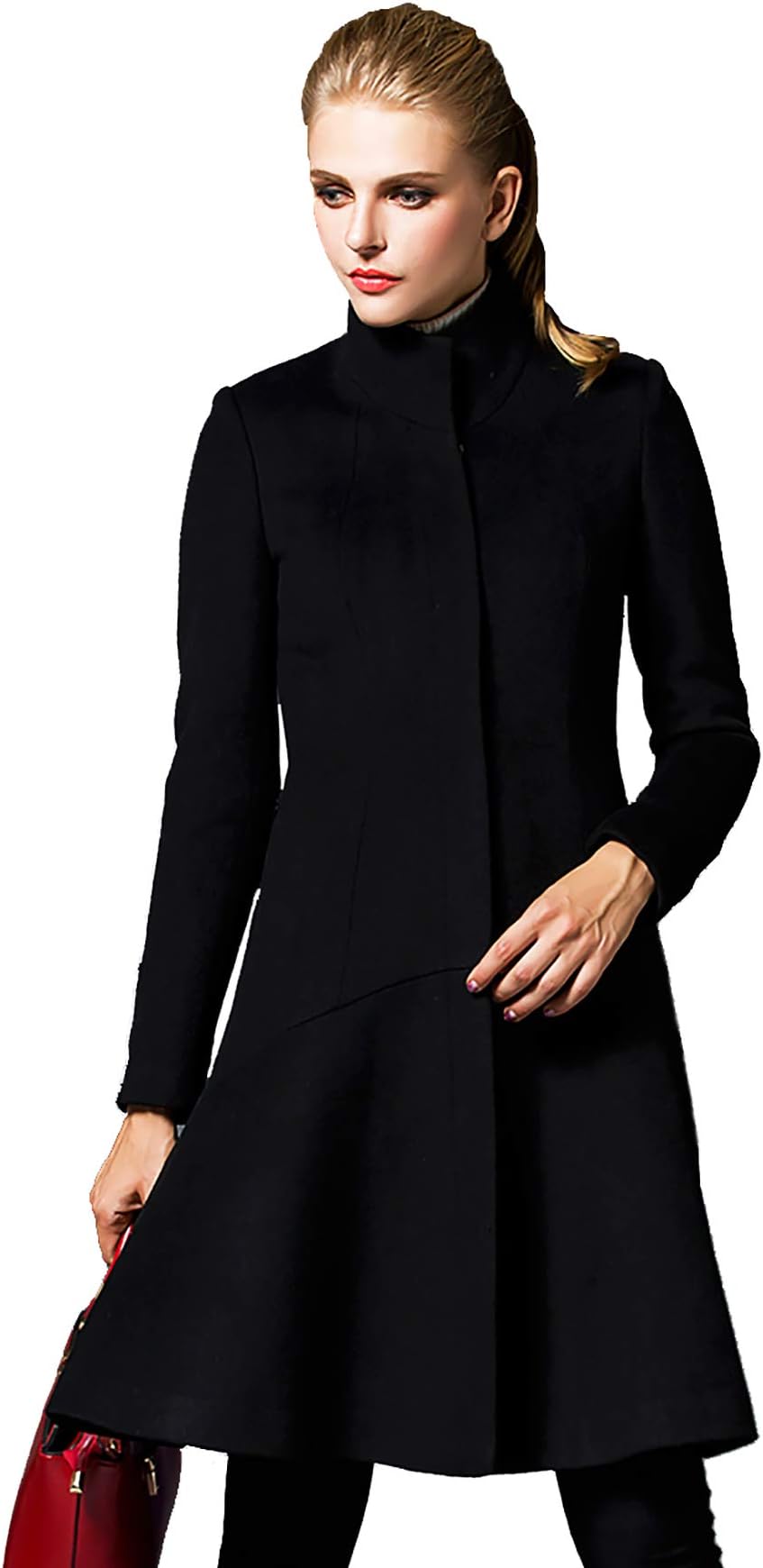 Shmily Girl Women’Winter Slim Standing Collar Woolen Coat Jacket Flared Hem Wool Topcoat