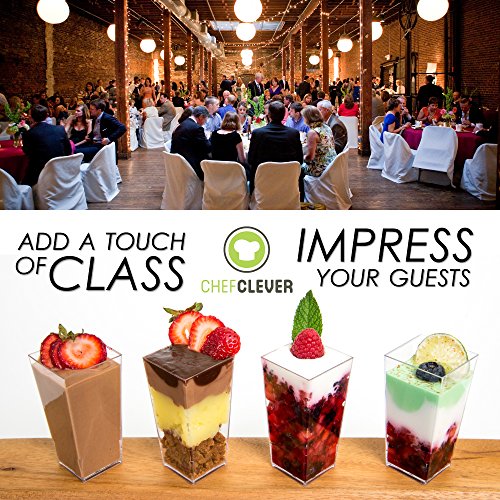 DLux 100 x 3 oz Mini Dessert Cups with Spoons, Square Tall - Clear Plastic Parfait Appetizer Cup - Small Disposable Reusable Serving Bowl for Tasting Party Desserts Appetizers - With Recipe Ebook - Thumbnail 4