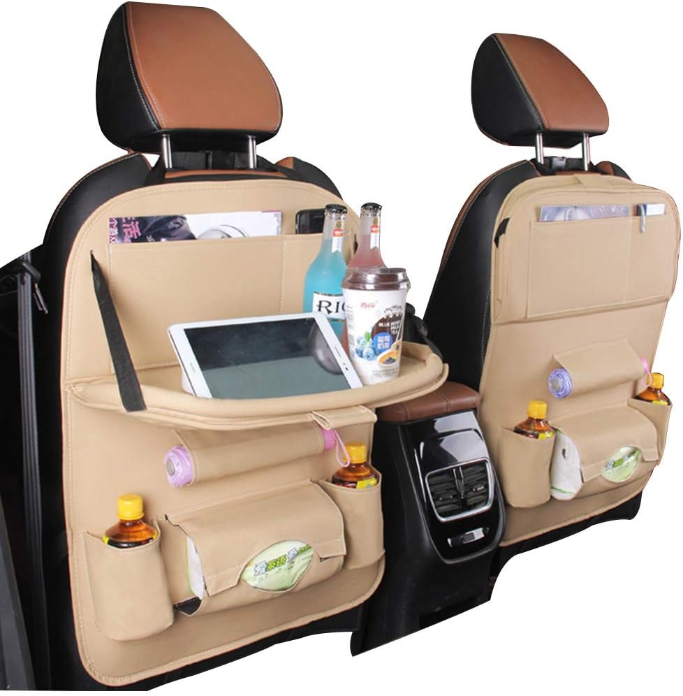 Aobeau 2 Pack Kick Mats, PU Leather Car Backseat Organizer with Foldable Dining Table, Car Seat Protectors with ipad Holder for Kids & Family Travel Accessories|25.6"X 19.7"|Beige
