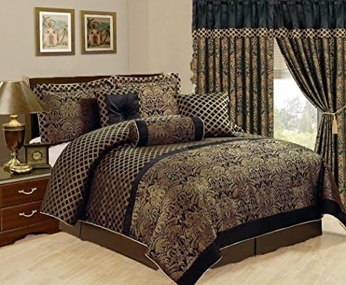 7 Piece Jacquard Comforter set Black Gold All Sizes New, Cal King Size