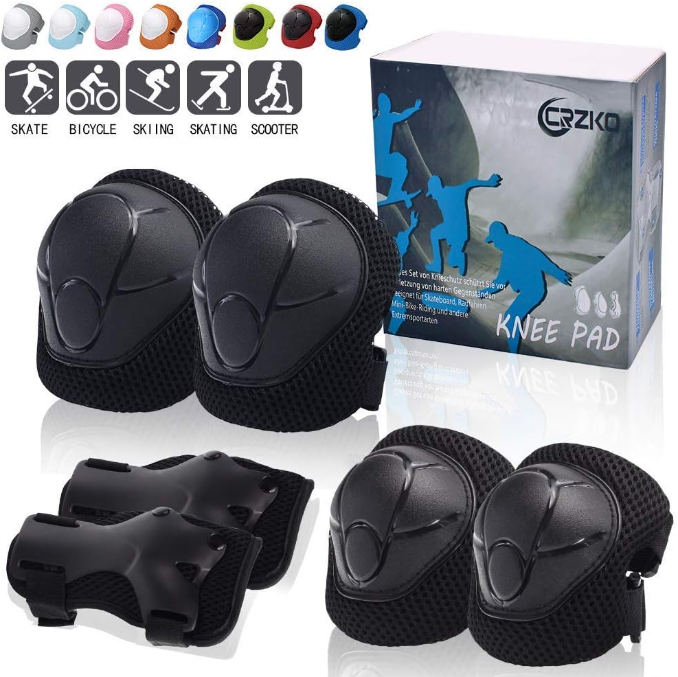 CRZKO Kids Protective Gear, Knee Pads and Elbow Pads 6 in 1 Set with Wrist Guard and Adjustable Strap for Rollerblading Skateboard Cycling Skating Bike Scooter