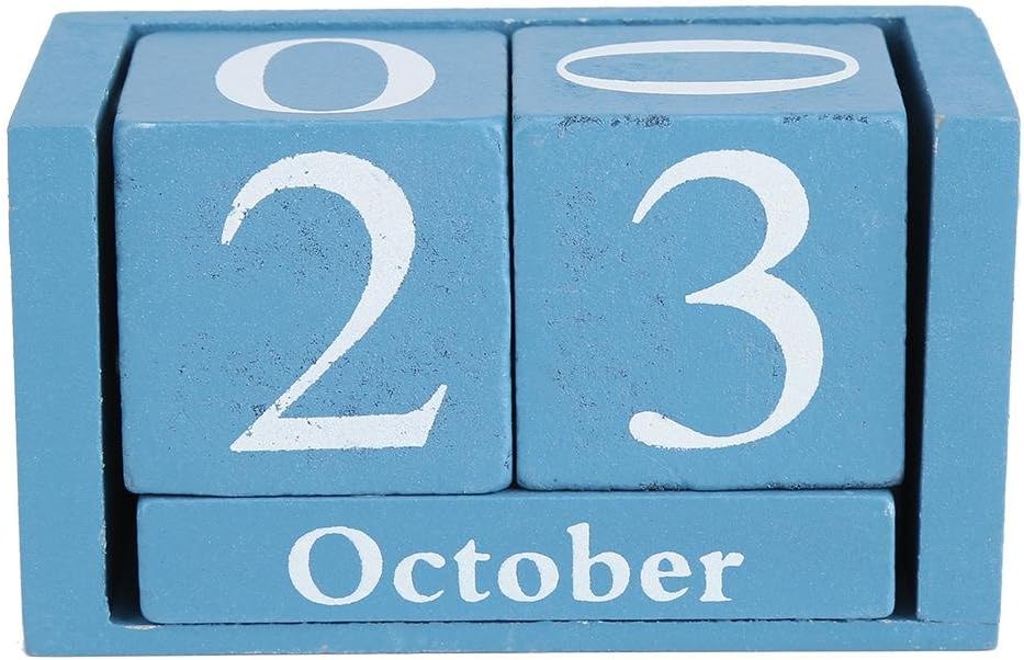 European Perpetual Wooden Calendar Desktop Block Wood Calendar DIY Yearly Planner Pen Holder Desk Office Stationery,9.4 x 5.2 x 4.1cm / 3.7 x 2.04 x 1.61in(Blue)