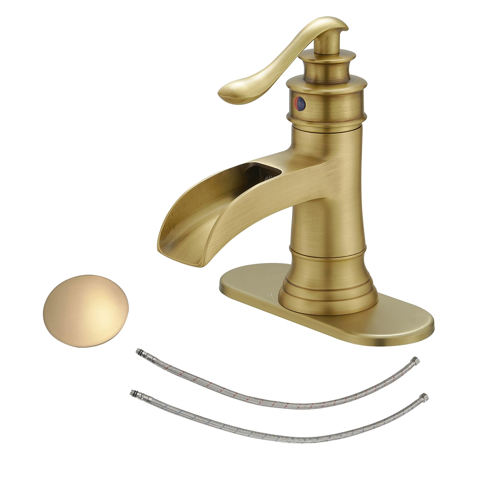 Photo 1 of BWE Antique Brass Bathroom Faucet Single Hole Waterfall Bathroom Sink Faucet with Pop Up Drain Assembly and Supply Hose Rustic Lavatory Vanity Sink Faucet Mixer Tap