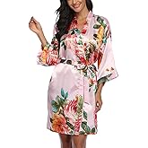ABC-STAR Women's Floral Kimono Robe Short Satin Rose Wedding Dressing Gown Bride Bridesmaid Getting Ready