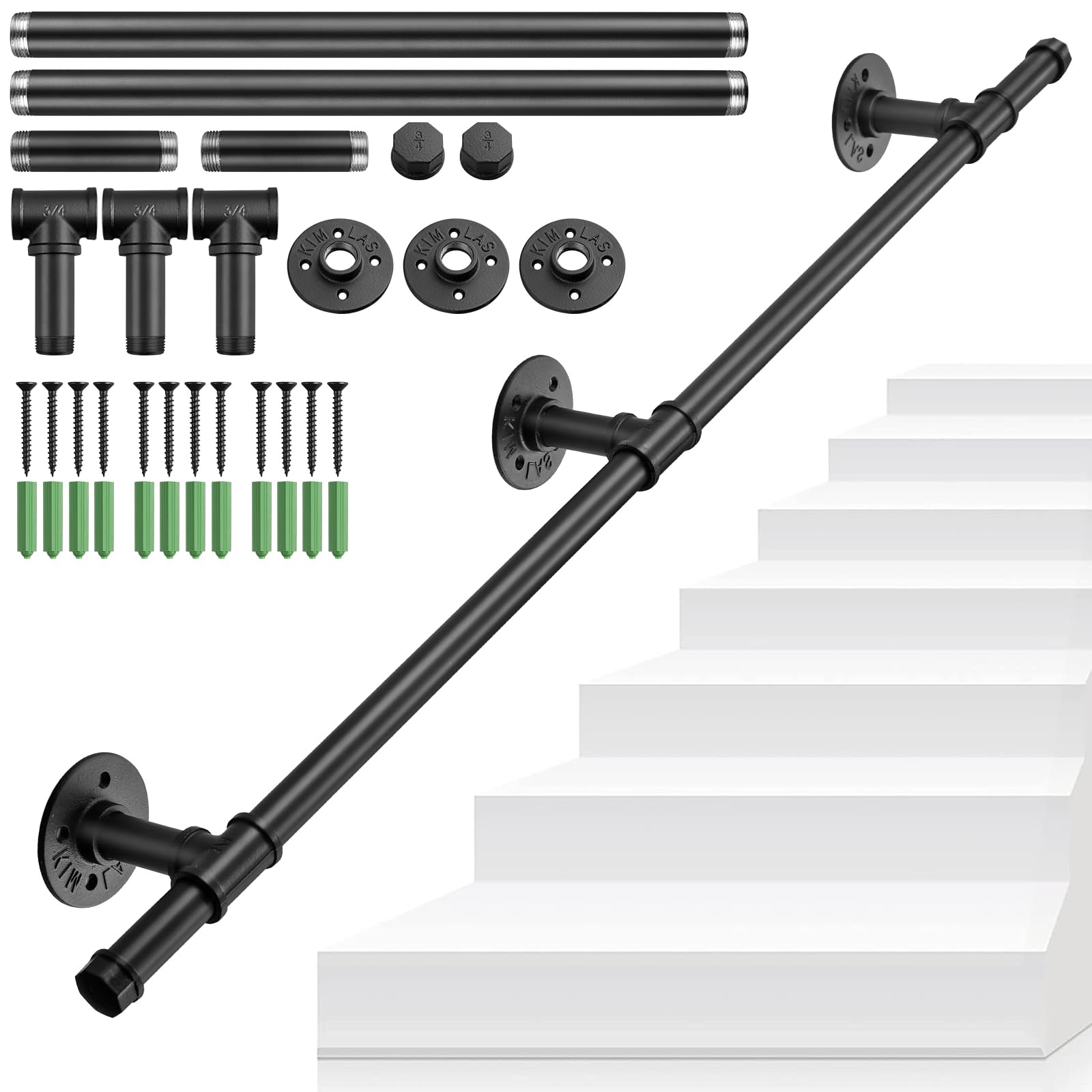 TANICE Stair Handrail, Black Hand Rails Stairs, 1M Handrails for Stairs, Anti-Slip Banister Rails, Industrial Pipe Clothes Rail, Outdoor Indoor Industrial Pipe Stair Banister for Elder and Child — image 1