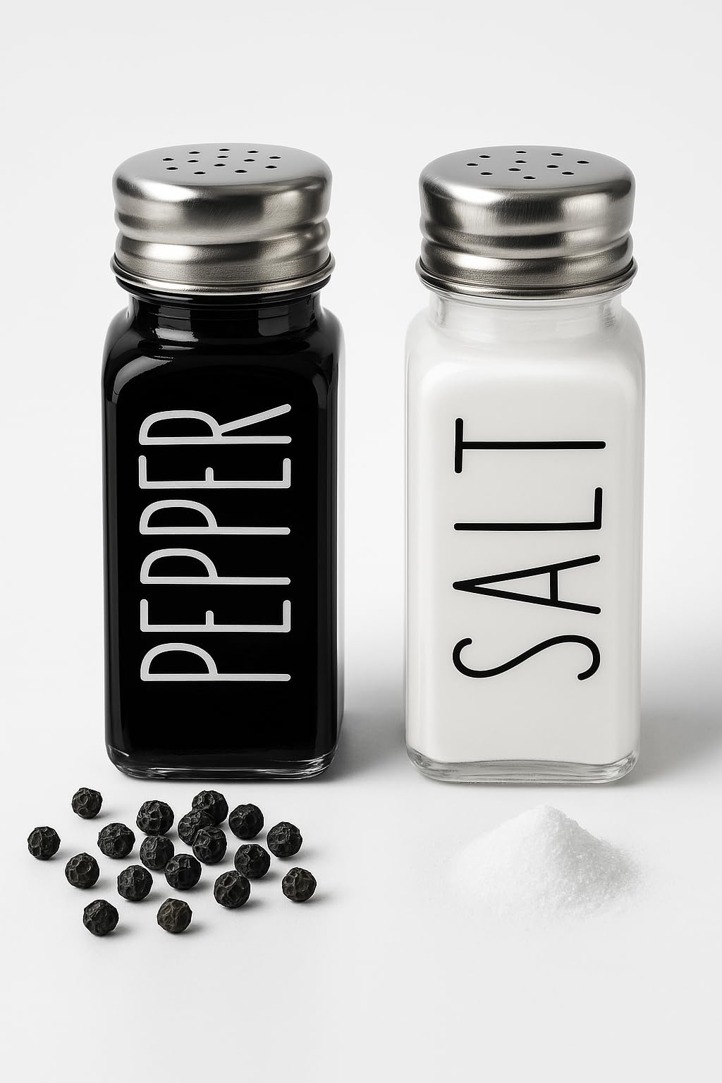 Simple Black and White Salt and Pepper Shaker Set - Durable Glass with Stainless Steel Lids - Modern Kitchen and Dining Table Accessory - Easy Refill Design - Ideal for Home or Gift Use