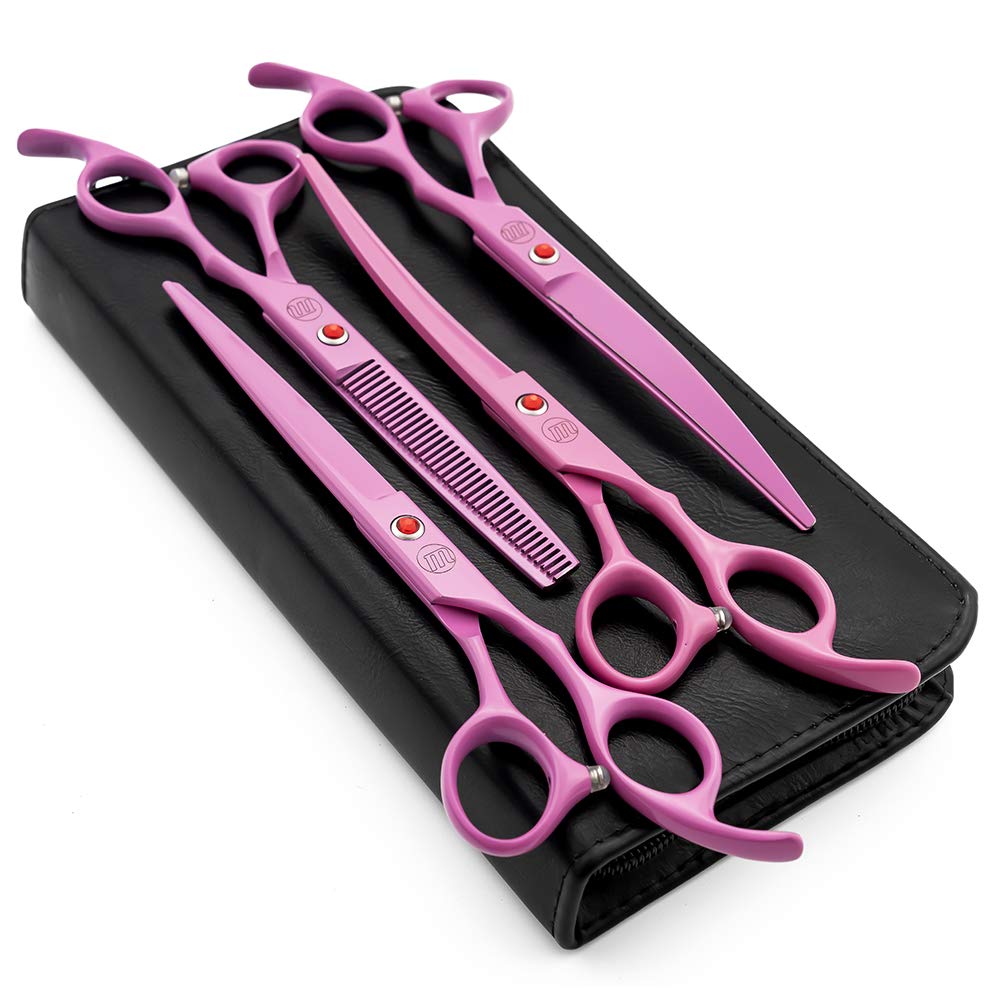 Photo 1 of Moontay Professional 7.0" Dog Grooming Scissors Set, 4-pieces Straight, Upward Curved, Downward Curved, Thinning/Blending Shears for Dog, Cat and Pets, JP Stainless Steel, Pink