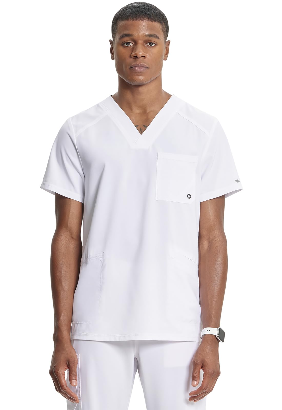 Cherokee Infinity Camiseta médica para hombre con cuello en V, ajuste moderno, 3 bolsillos, paneles traseros de punto acanalado, elasticidad de 360° que absorbe la humedad - CK900A, M, blanco