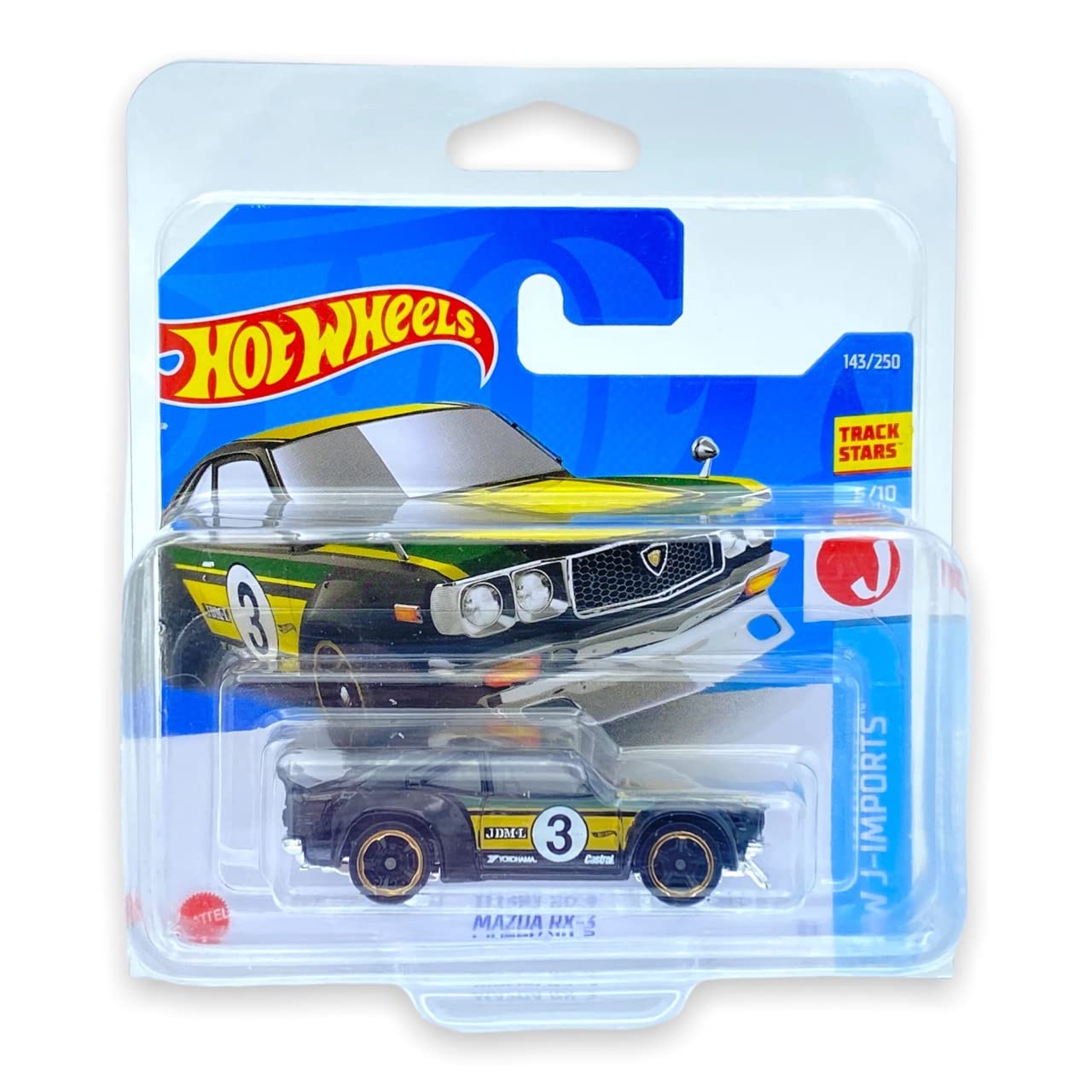 Hot Wheels Mazda RX-3 (Black/Yellow) 5/10 HW J-Imports 2022 - 143/250 (Short Card) *** COMES IN A KLAS CAR KEEPER PROTECTIVE COLLECTORS CASE *** HCV78