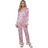 Nicoxijia Women's Christmas Feather Trim Silk Satin Pajama Long Sleeve Sleepwear Satin Soft Button Down Loungewear Pjs Set