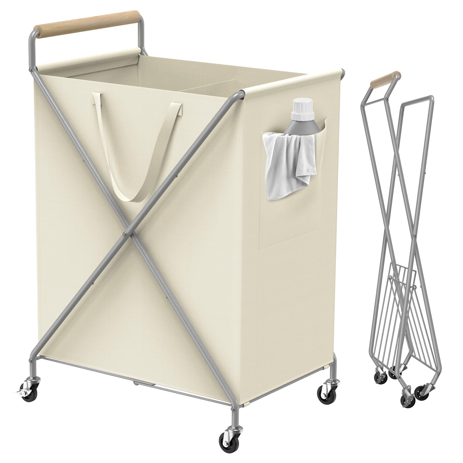 Photo 1 of **NEEDS LINER**Foldable Metal Laundry Basket with Wheels, 2-Section Rolling Laundry Hamper, 37 Gallons (140L), Removable Liner, Steel Frame with Wooden Handle, Cream White