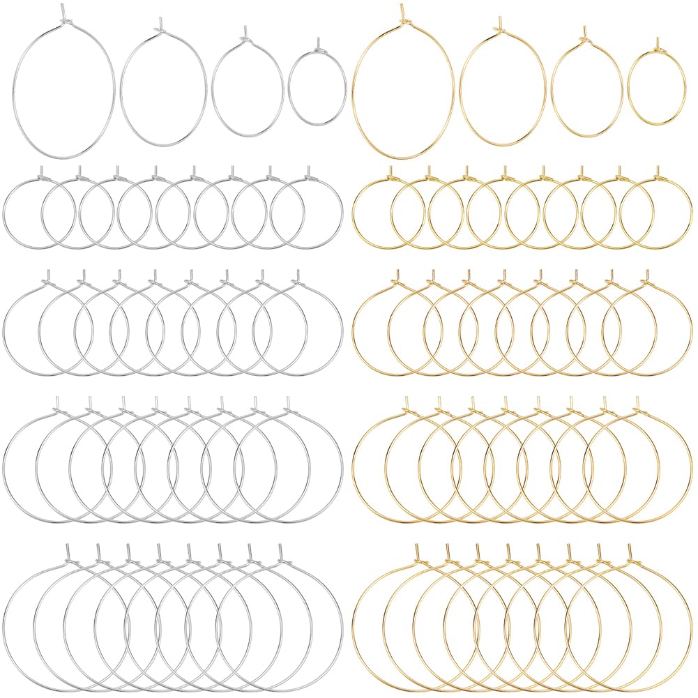 SOFPLATE 1 Box 160Pcs 8 Style Gold Earring Beading Hoops Silver Wine Charm Rings Bulk Brass Hypoallergenic Large Open Hoop Circle Round Earring Findings for jewellery Making Supplies Party Wedding DIY