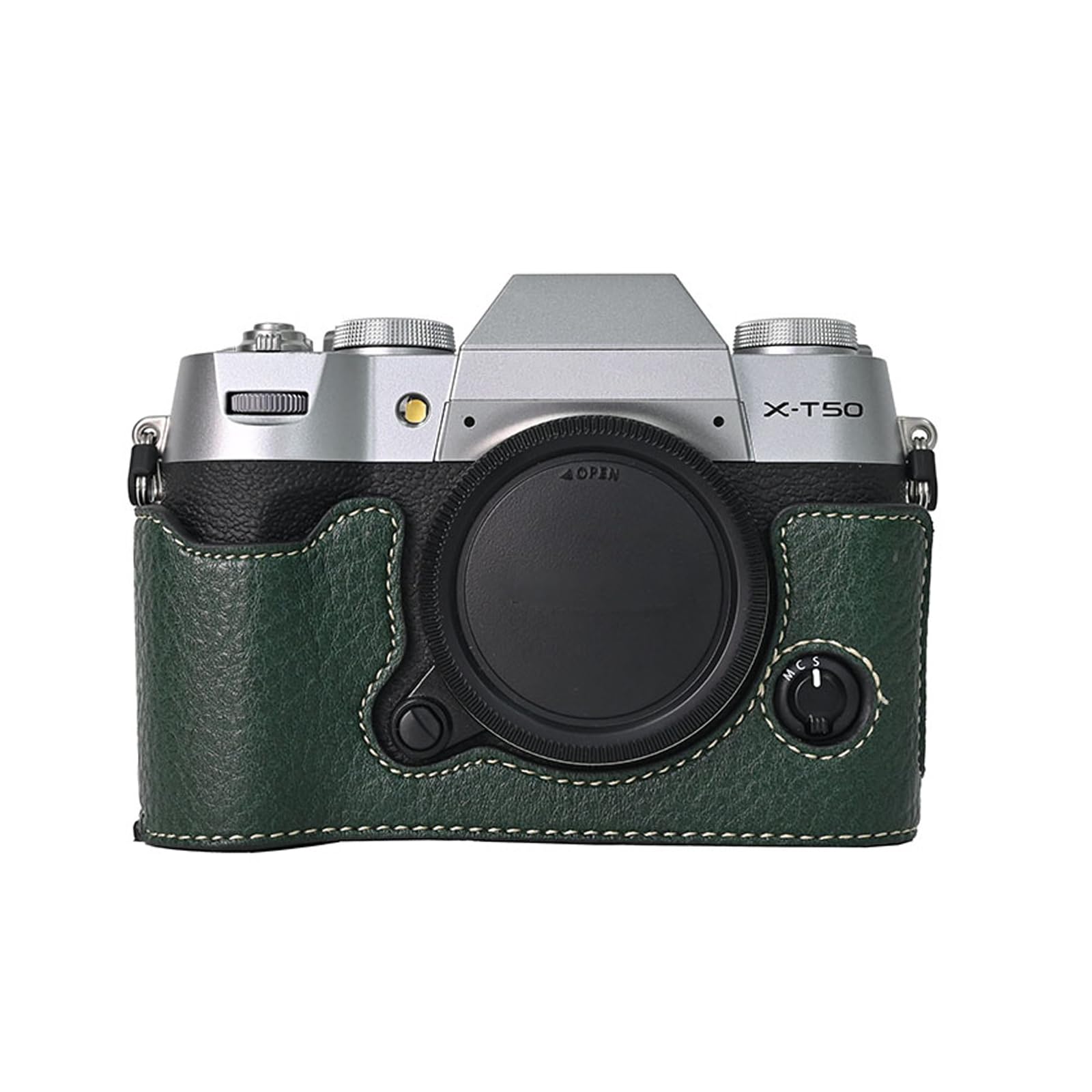 VOVMOEYA Camera Case for FUJIFILM X-T50 Mirrorless Digital Camera,Fuji XT50 Half Case With Soft microfiber Inner,Function Well With 1/4"-20 thread hole Retro PU Leather litchi stria-Dark Forest Green