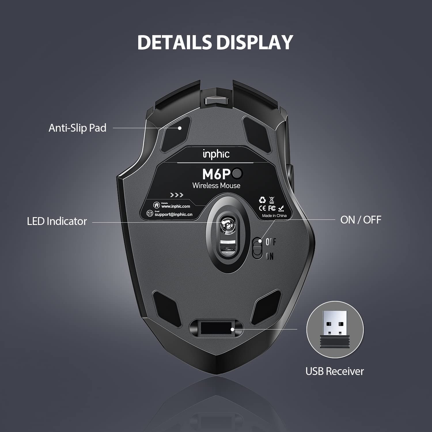 inphic Maus Kabellos Wiederaufladbare 700mAh Akku, Pro 2,4G 1600DPI USB funkmaus mit Anzeige des Batteriestands für Computer, Laptop, PC, 6 Tasten, USB-Empfänger, Schwarz 6