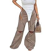 GORGLITTER Women's Baggy Sweatpants Cut Out Zipper Wide Leg High Waisted Pants Fall Winter Casual Joggers