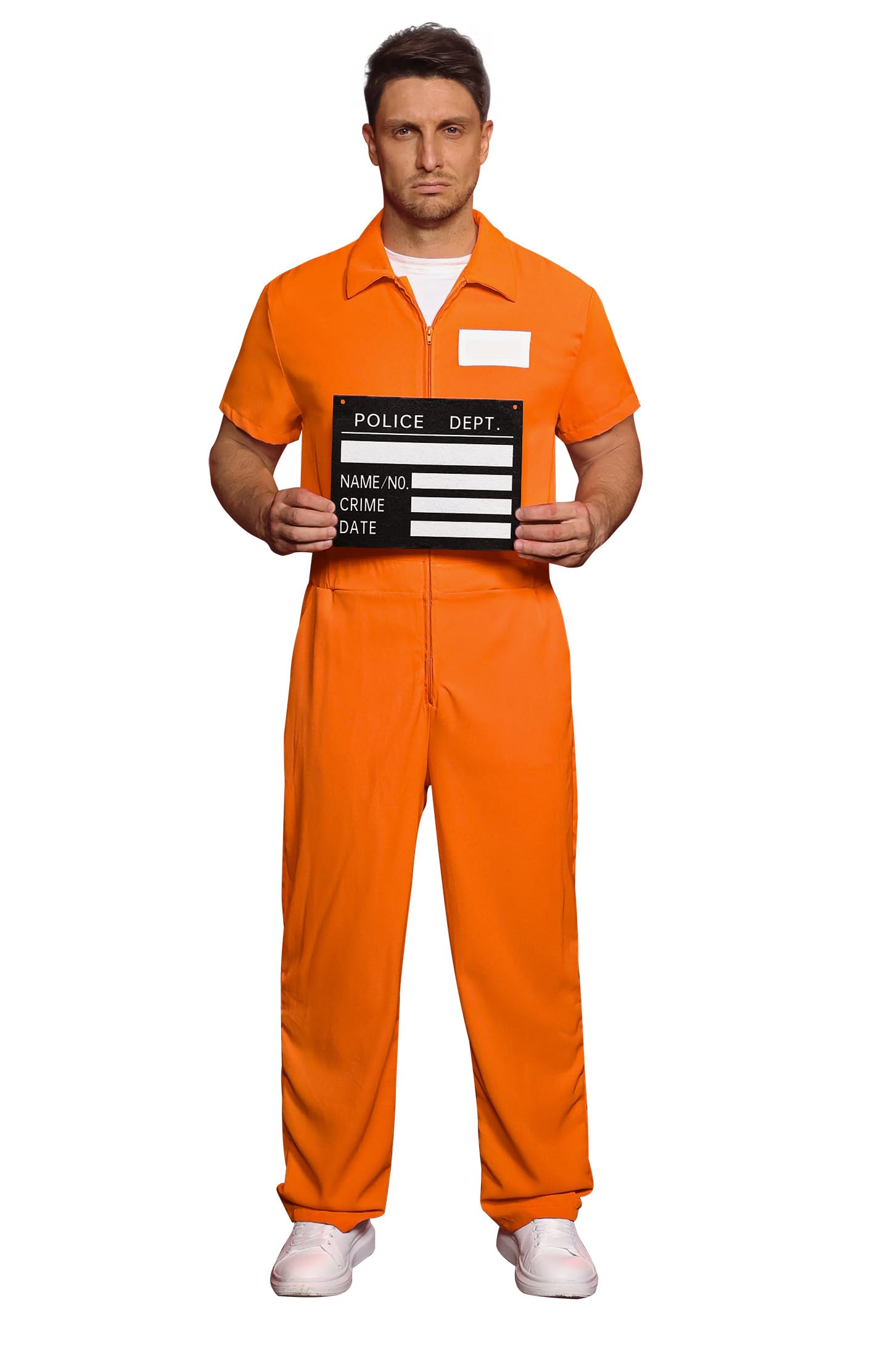 Photo 1 of **GREN TAG INCORRECT PHOTO FOR ITEM REFERENCE*** Arvilhill 5 Pcs Jail Costume for Adult Men Orange Suit with Handcuffs Sign Number Stickers Tattoo Clothing Halloween L