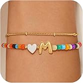 Eaciy Easter Gifts for Kids Girls - Colorful Initial Bracelets for Women 14K Gold Plated Heart Initial Letter Daint A-Z Charm Bracelet Summer Jewelry Teen Girl Gifts for Teen Kids