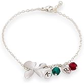 Gold or Silver Initial Orchid Bracelet with Small Leaf Charm, Pearl or Gemstone Dainty Mothers Jewelry Gift for Her